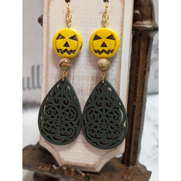 Yellow Pumpkin and Green Filigree Wood Earrings - Picture 1 of 5